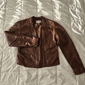 Women's Faux Leather Brown Bomber Jacket, Size L
